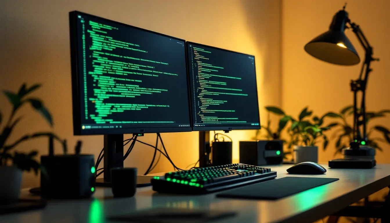 Developer workstation with multiple monitors at night
