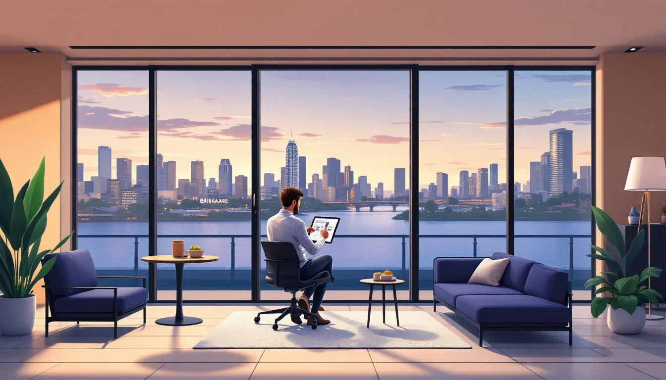 Brisbane real estate agent reviewing a property listing on a tablet with the Brisbane River skyline visible through the office window