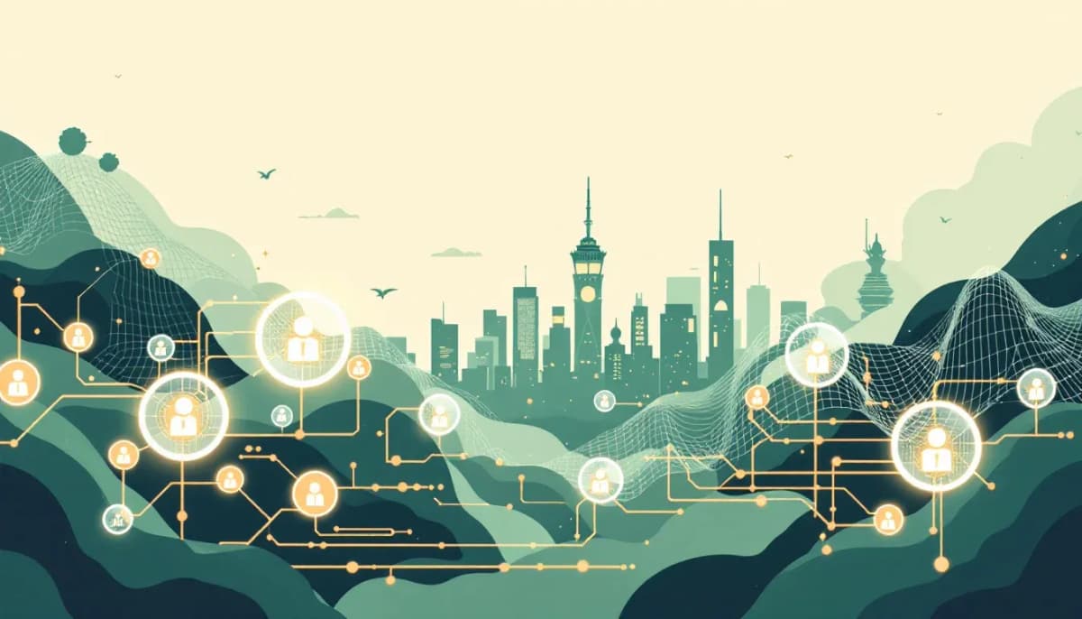 Abstract security network illustration with Australian skyline silhouette in deep navy and ochre