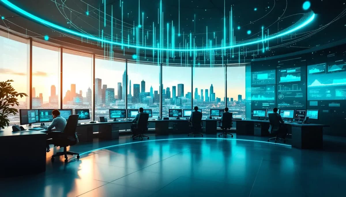 Abstract visualisation of an enterprise security operations centre with data flows feeding analyst review queues
