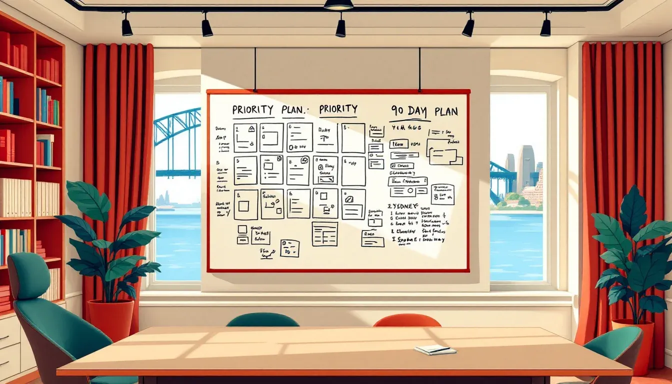 Sydney boardroom workshop wall covered in a handwritten 90-day AI priority plan, harbour visible behind