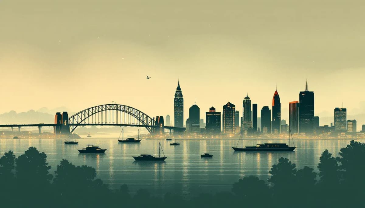 Sydney skyline with abstract data overlay representing AI-augmented consultancy work