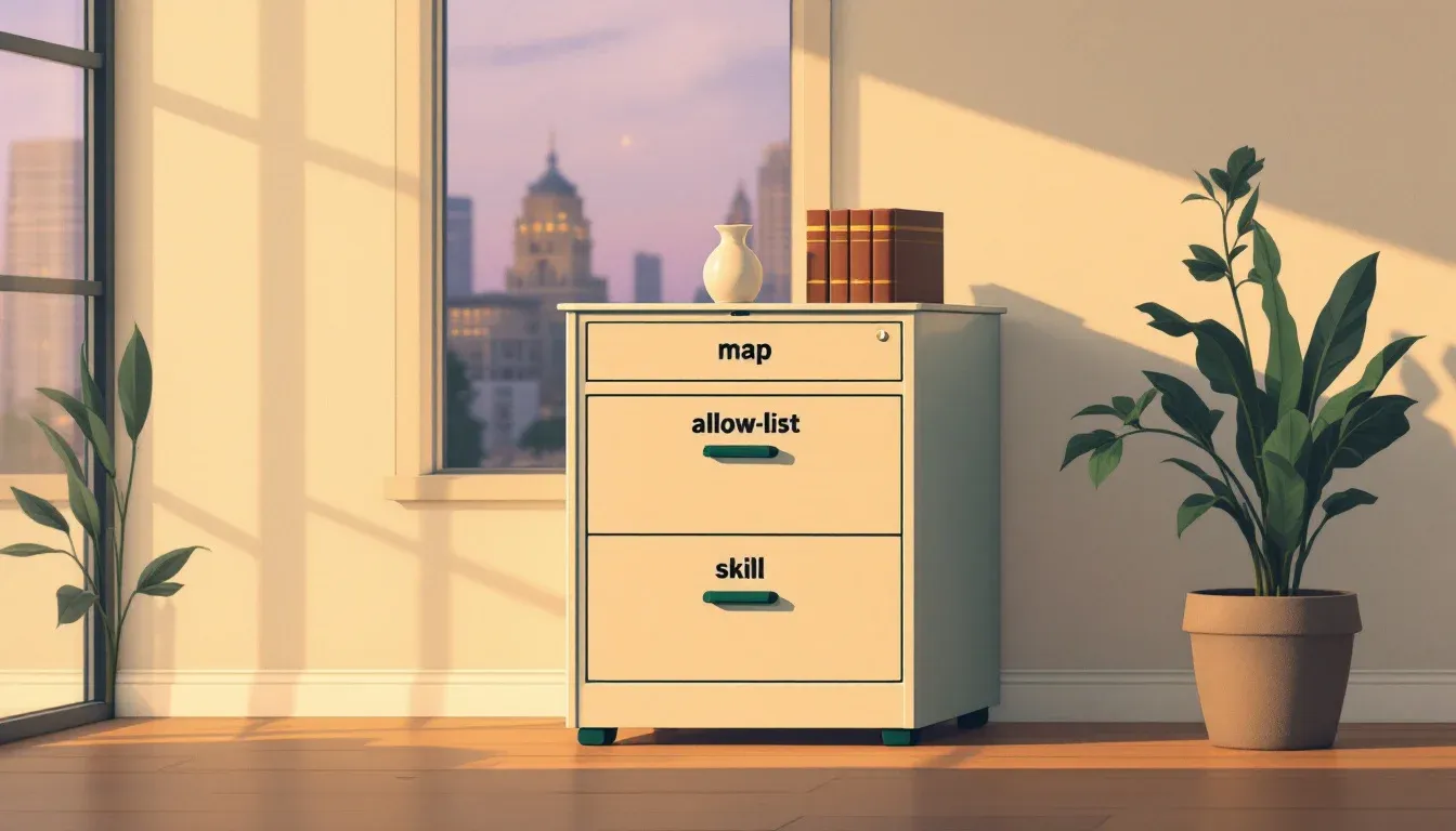 Three labelled drawers representing a codebase map, an allow-list, and a discovery skill, illustrating the patterns that cut Claude Code token waste