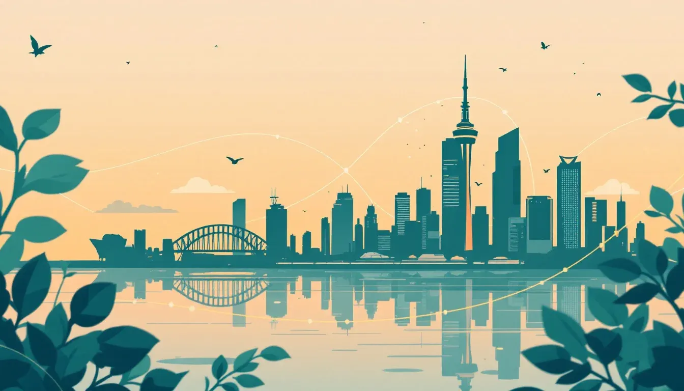 Illustration of AI talent flowing into a Sydney skyline backdrop with abstract data nodes representing engineers and product managers.