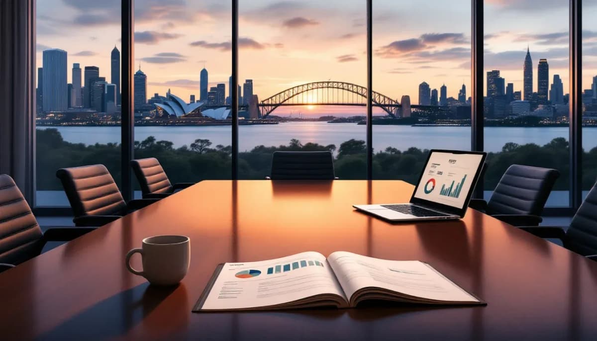 A Sydney boardroom at dusk with a printed board pack and laptop open on the table, charts visible on the screen.