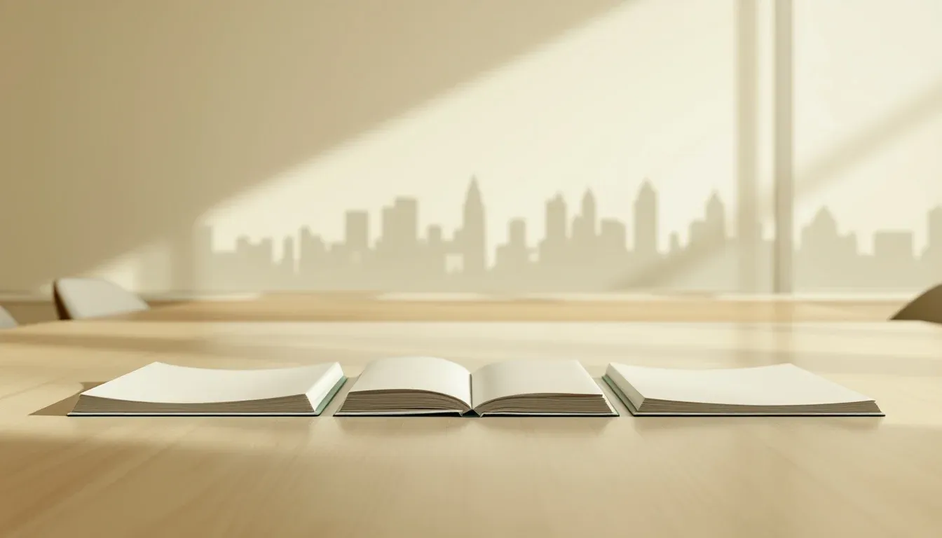 Three open document folders on an Australian boardroom table representing the AI ethics statement, decision rights matrix, and escalation protocol