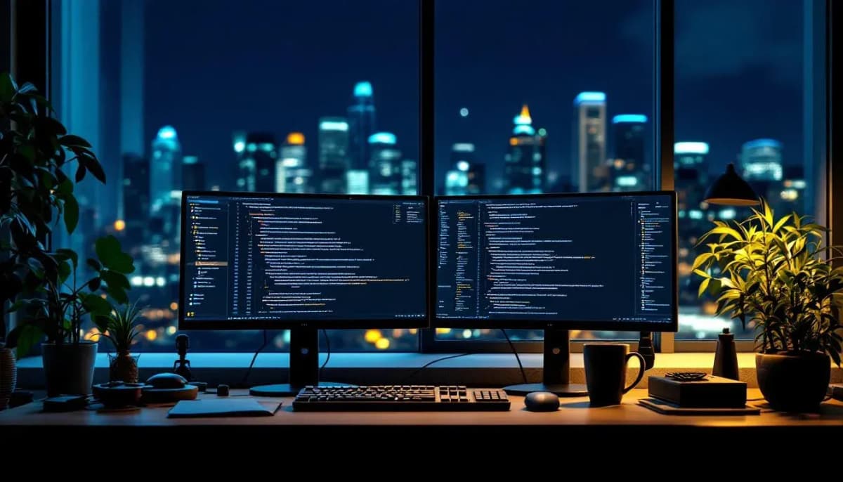 Developer's desk with monitors showing structured prompt text, Sydney skyline visible at night through glass