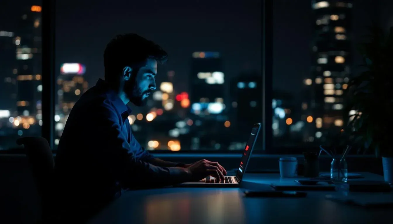 Developer alone in a dark office at night looking at a laptop screen displaying an account error notification, city lights visible outside
