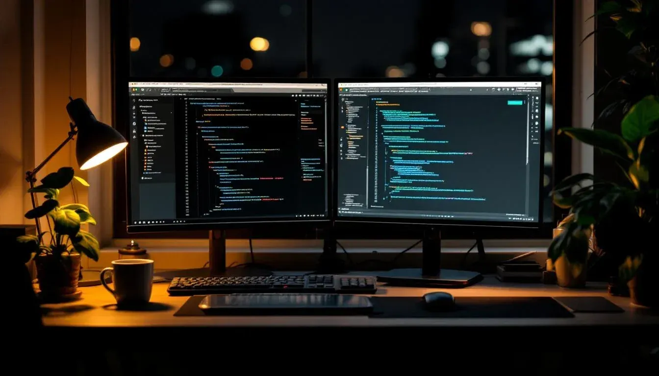 Developer workstation at night with dual monitors showing code and terminal output, city lights through a window
