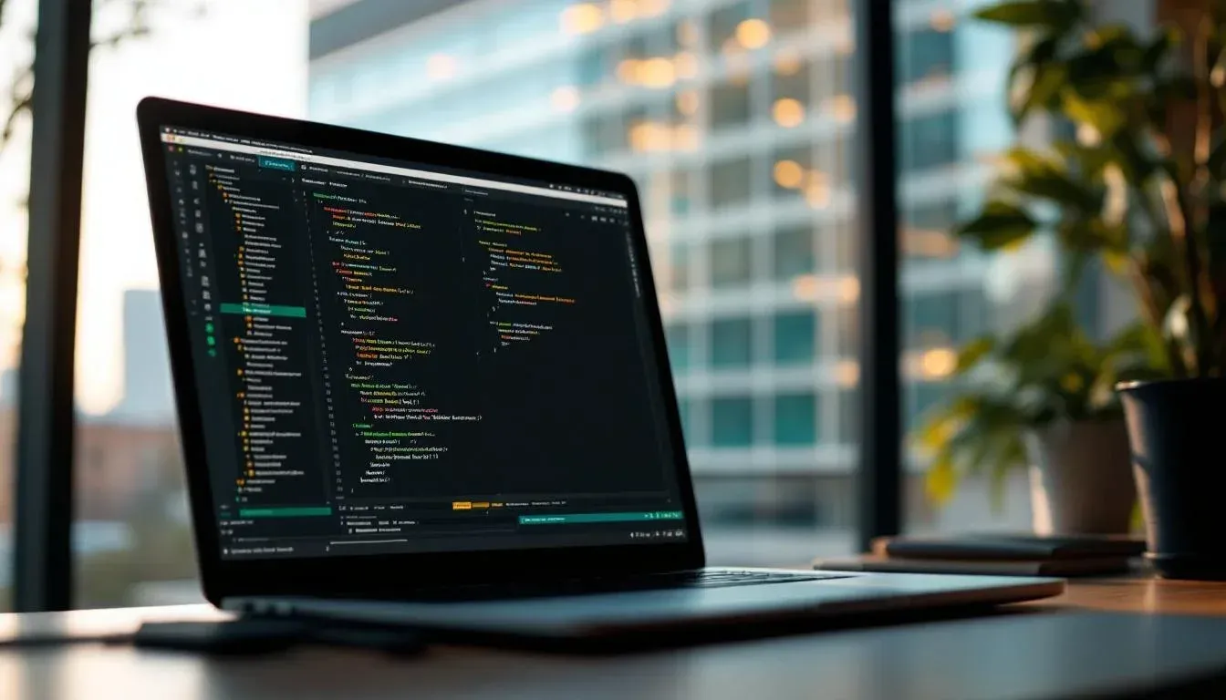 Developer workstation with a code editor open to API integration code in a modern glass office
