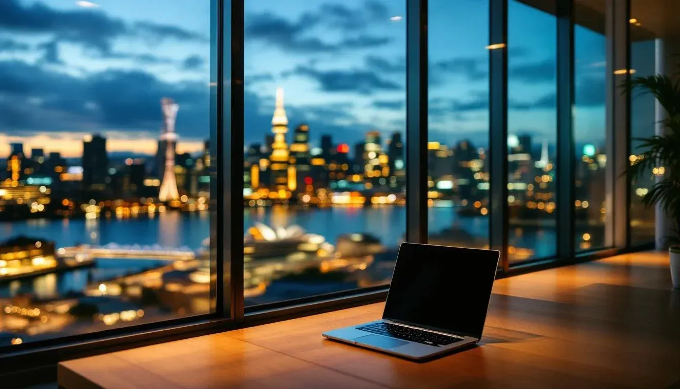 Modern glass office building at dusk in Sydney CBD with warm interior lights and harbour view