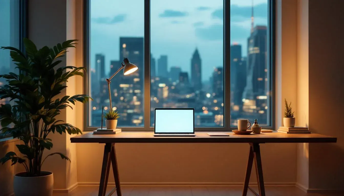 Modern office at dusk with a lit desk, laptop screen glowing, and city lights through floor-to-ceiling windows