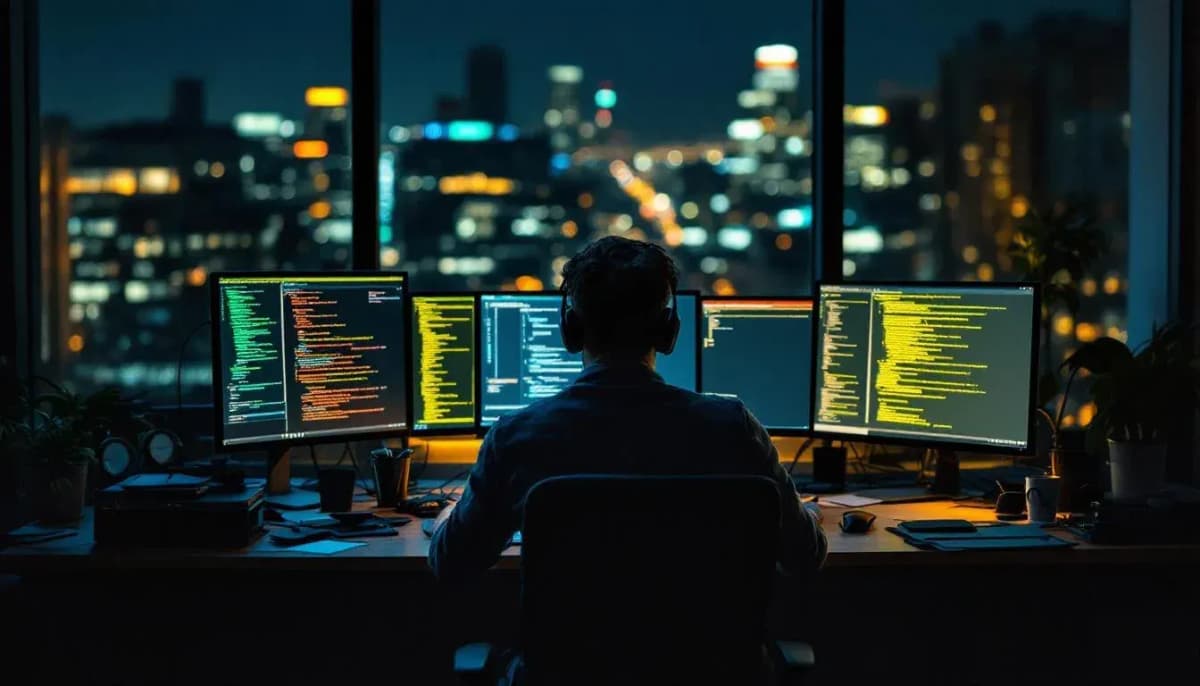 Developer at a dark desk surrounded by multiple glowing terminal screens late at night