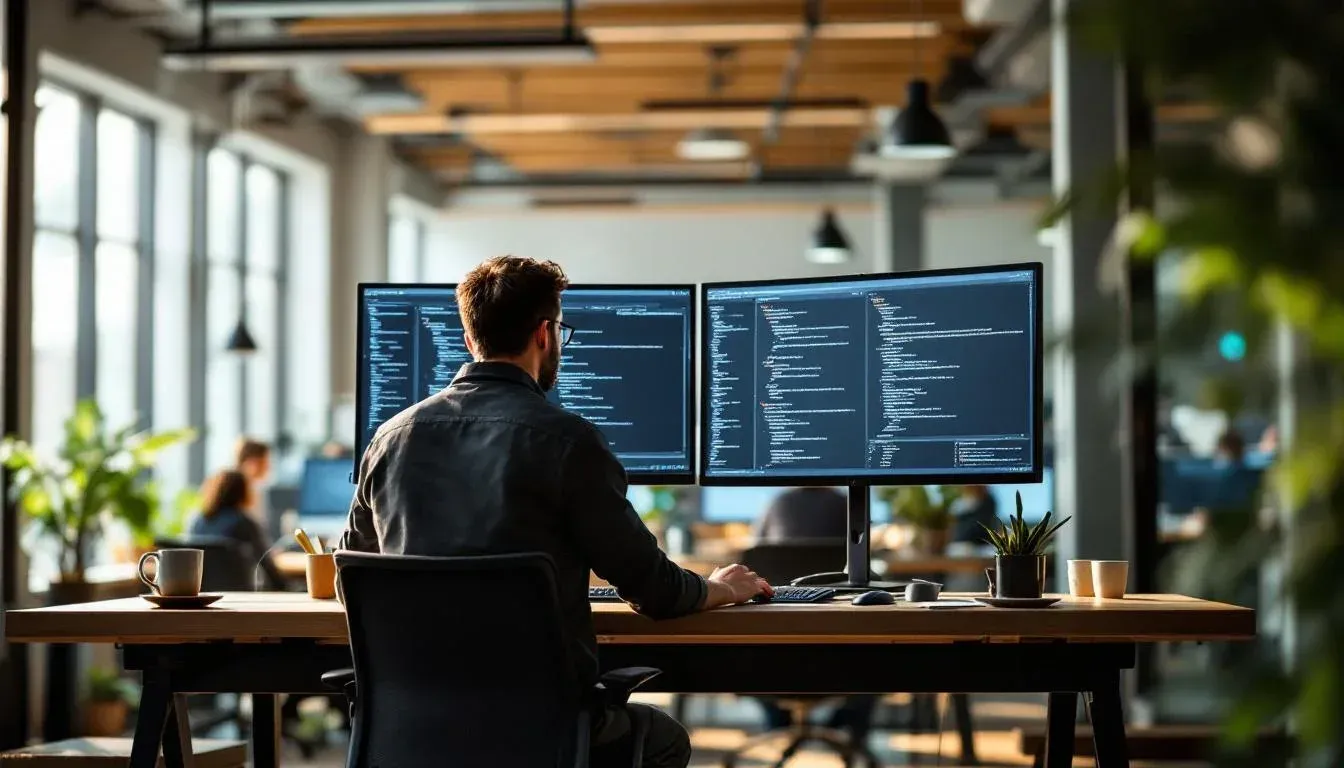 Software engineer at a standing desk with two code terminals open in a modern open-plan office