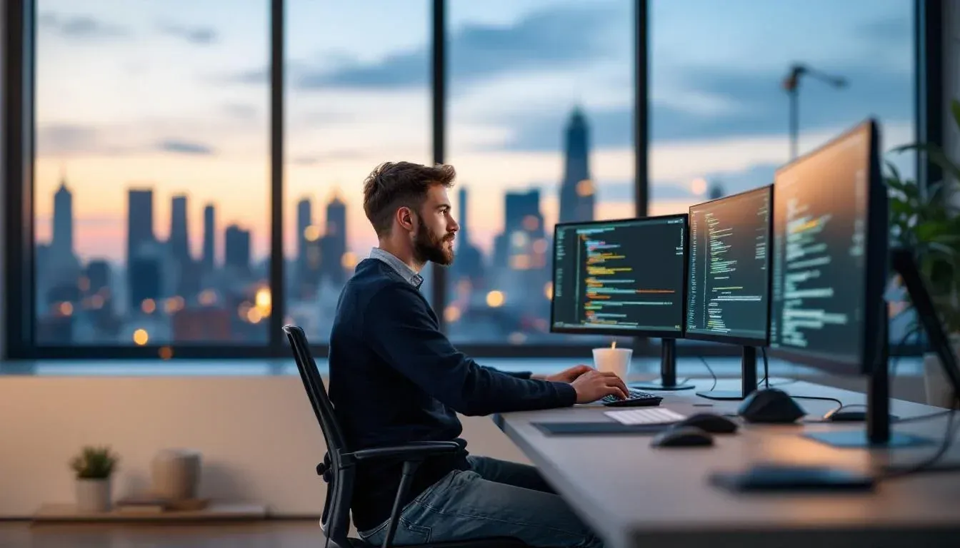 Software engineer reviewing code on large monitors in a modern office at dusk with city lights visible through the window