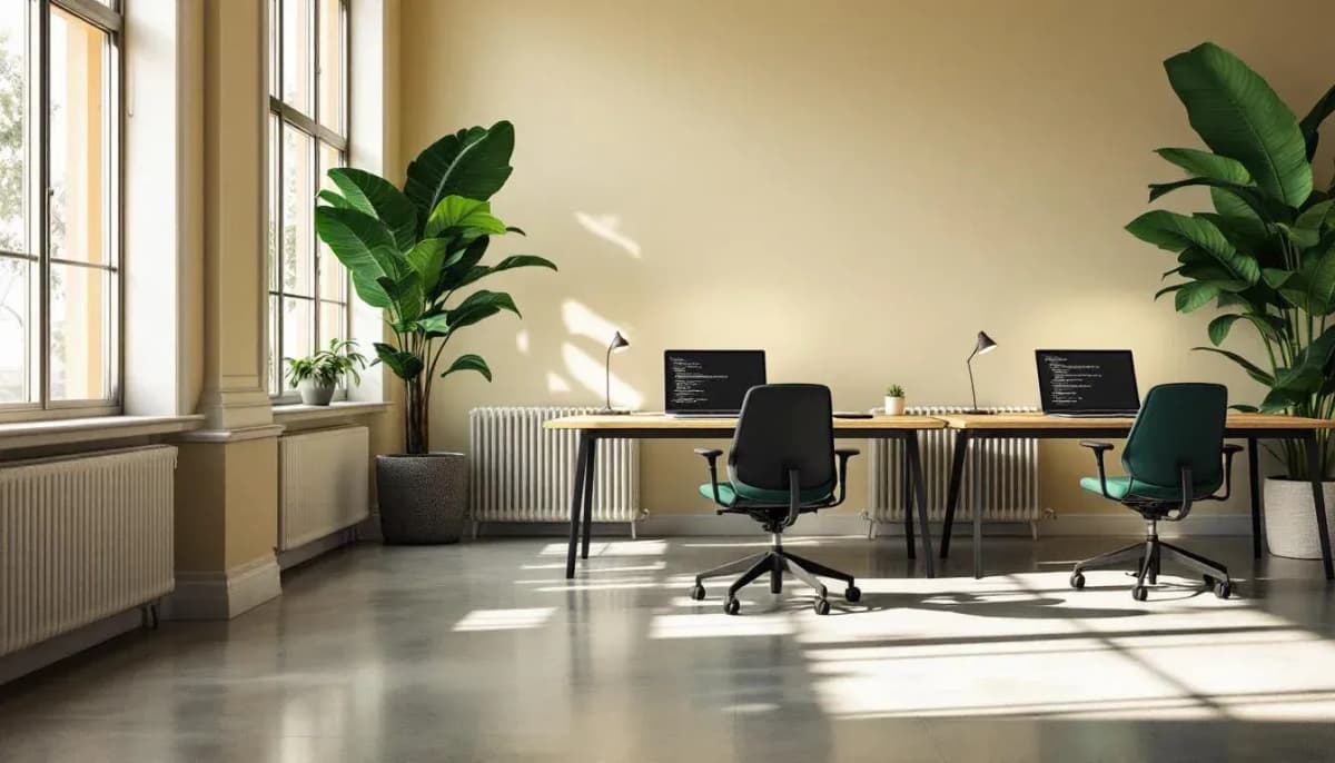 Three workstations showing code in an empty open-plan office with morning light