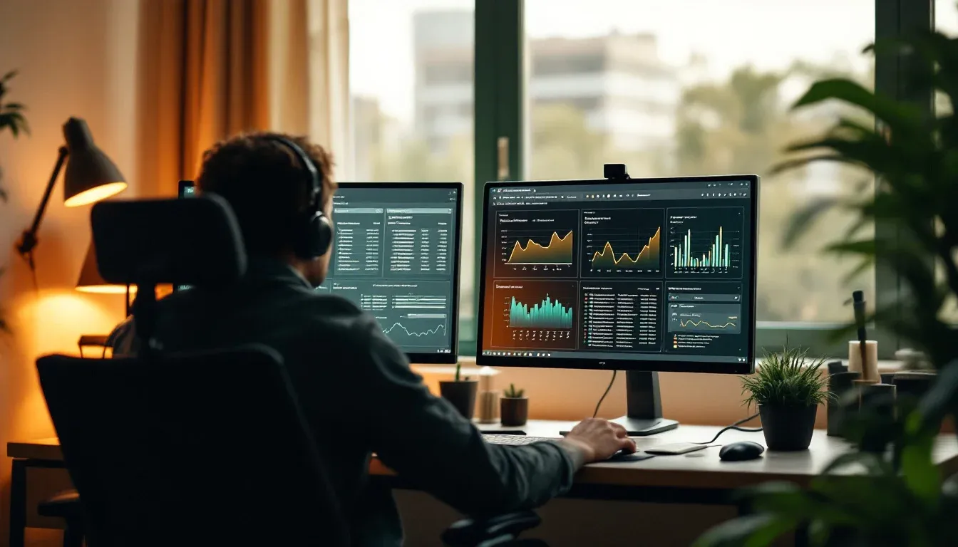 Operator reviewing live voice agent call transcripts on dual monitors