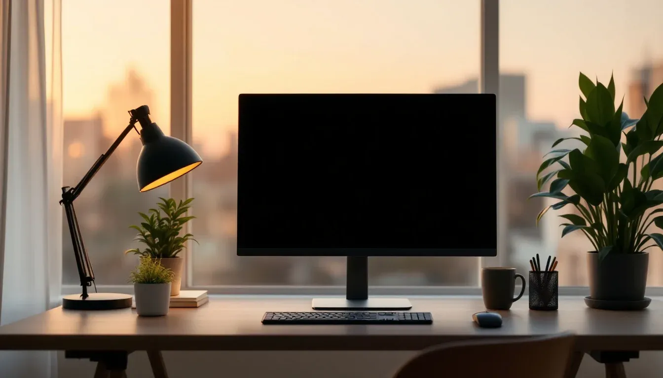 A darkened monitor on an office desk at dusk, suggesting suspended model access