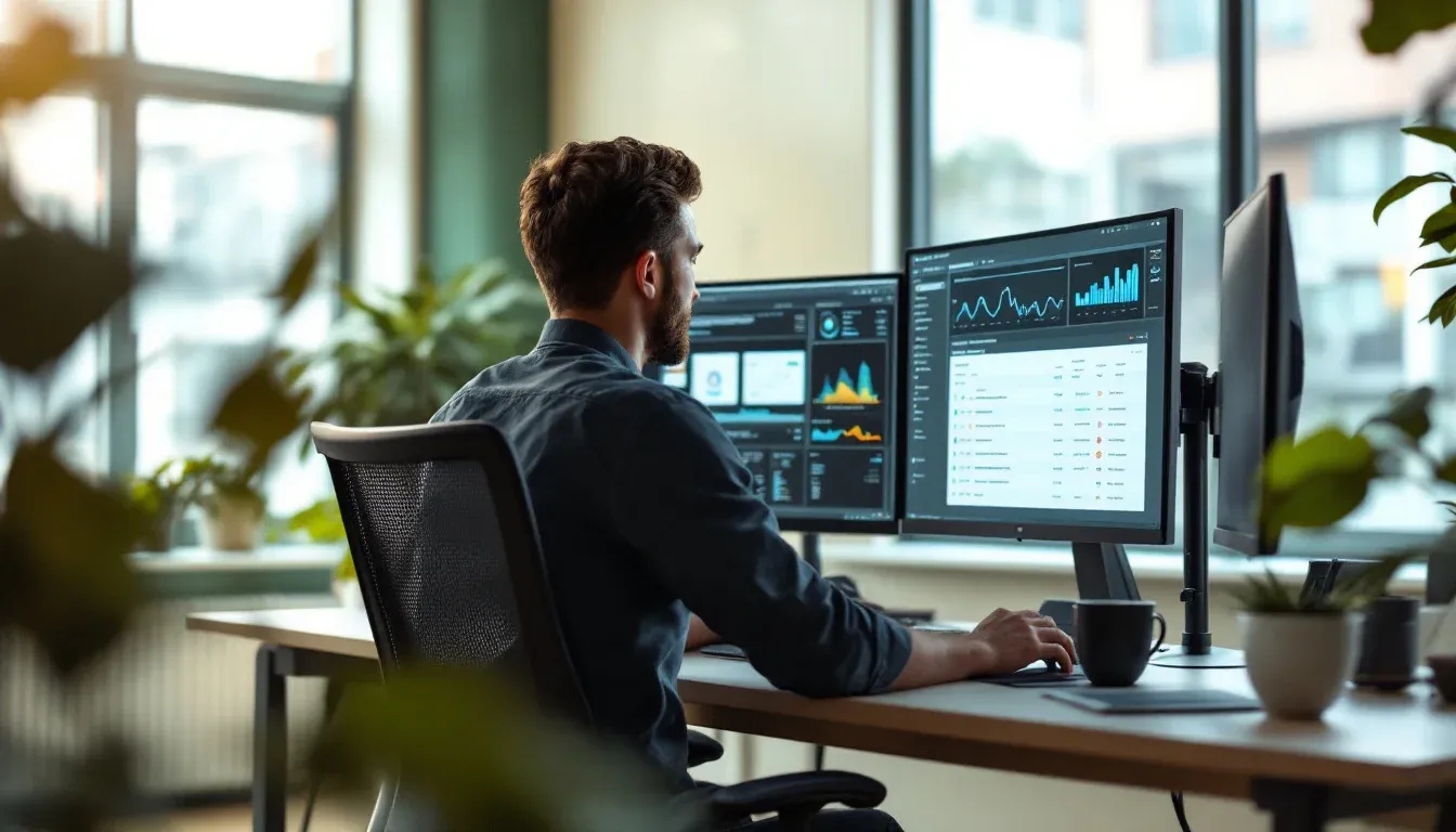 Developer reviewing automated build and pipeline dashboards on several monitors