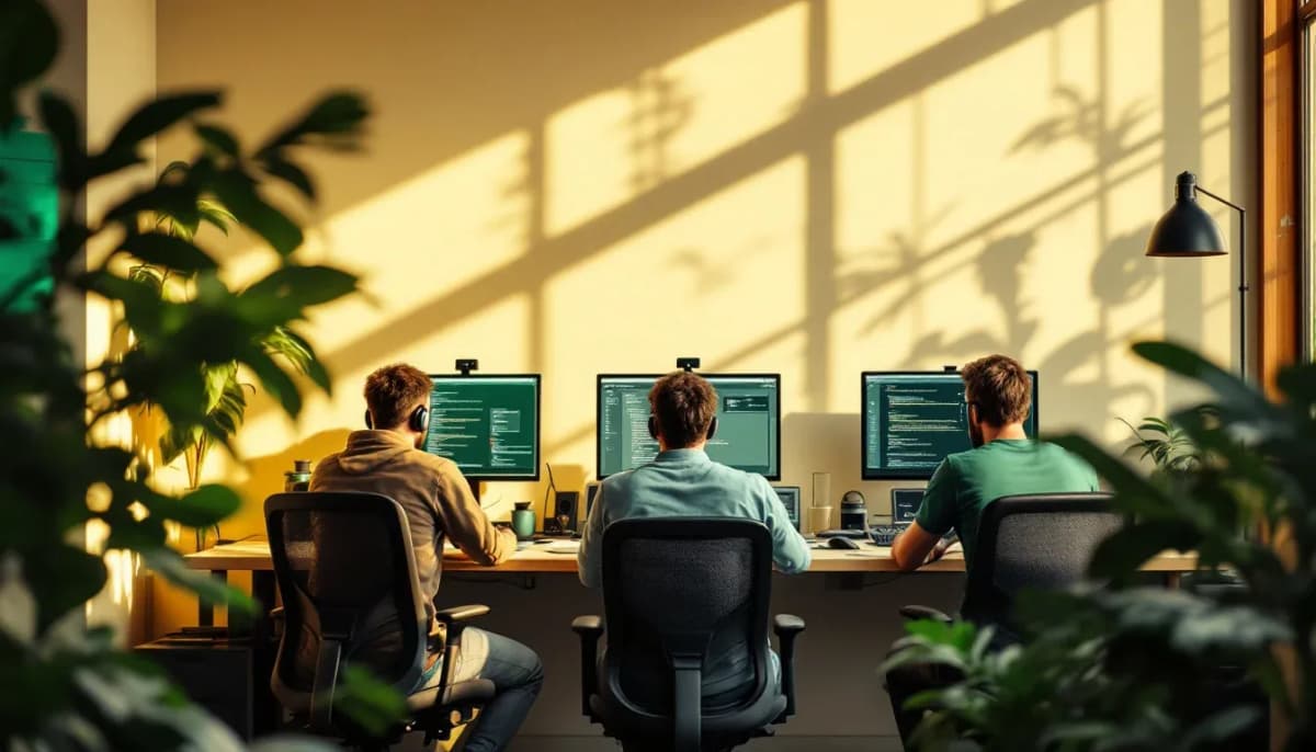An engineering team reviewing code together on shared screens