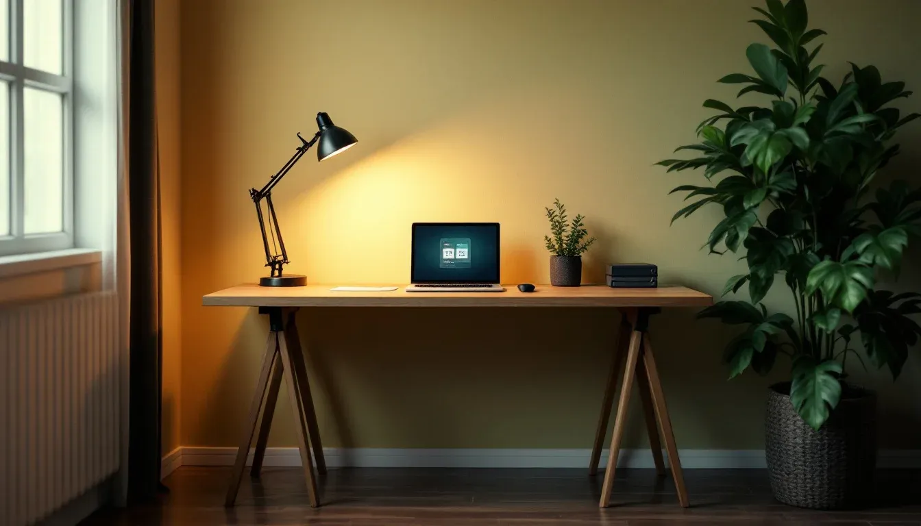 A small business desk at night with a laptop showing a schedule, representing automated recurring work