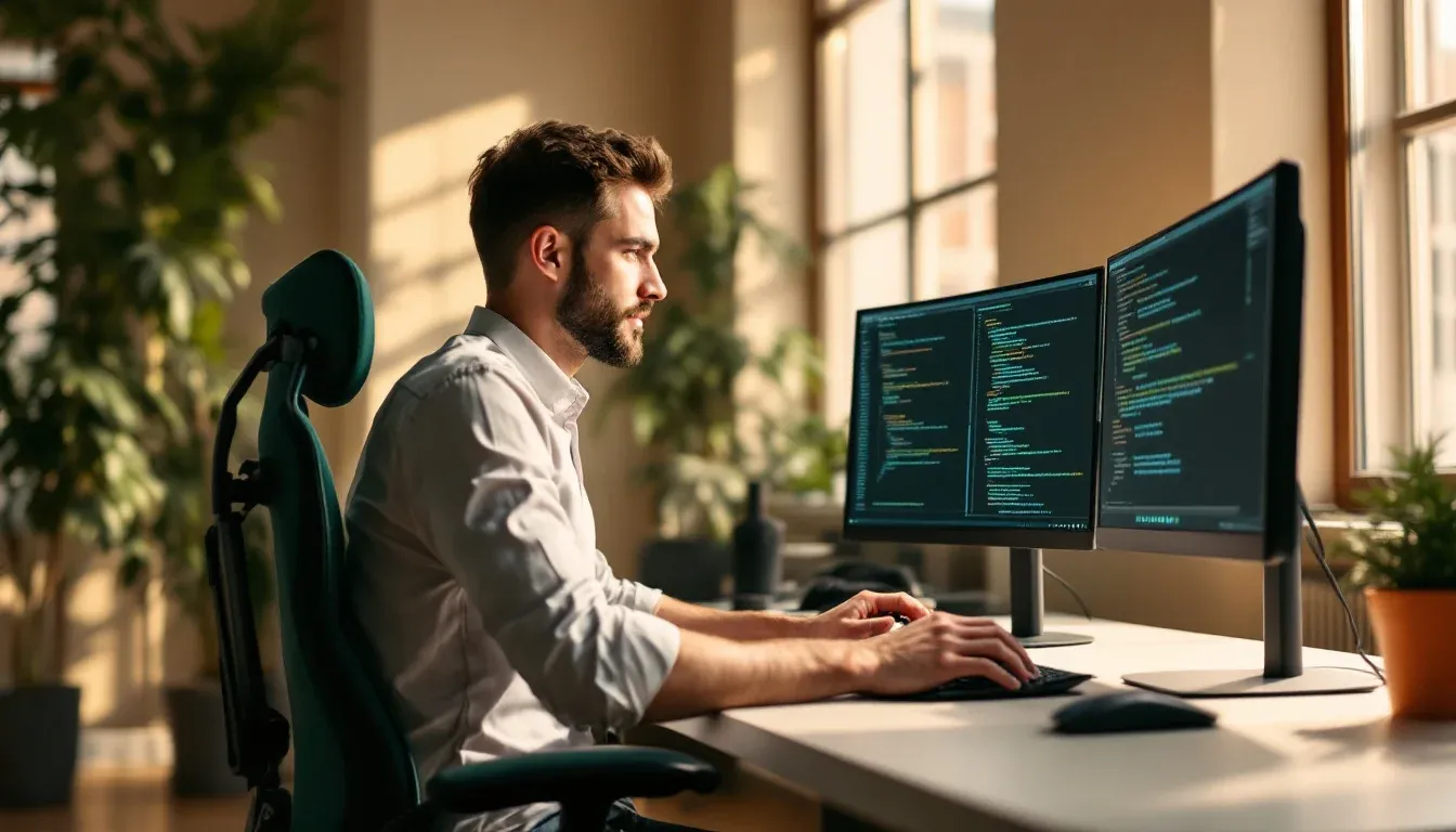 Engineer reviewing AI-generated code on dual monitors in a Sydney office