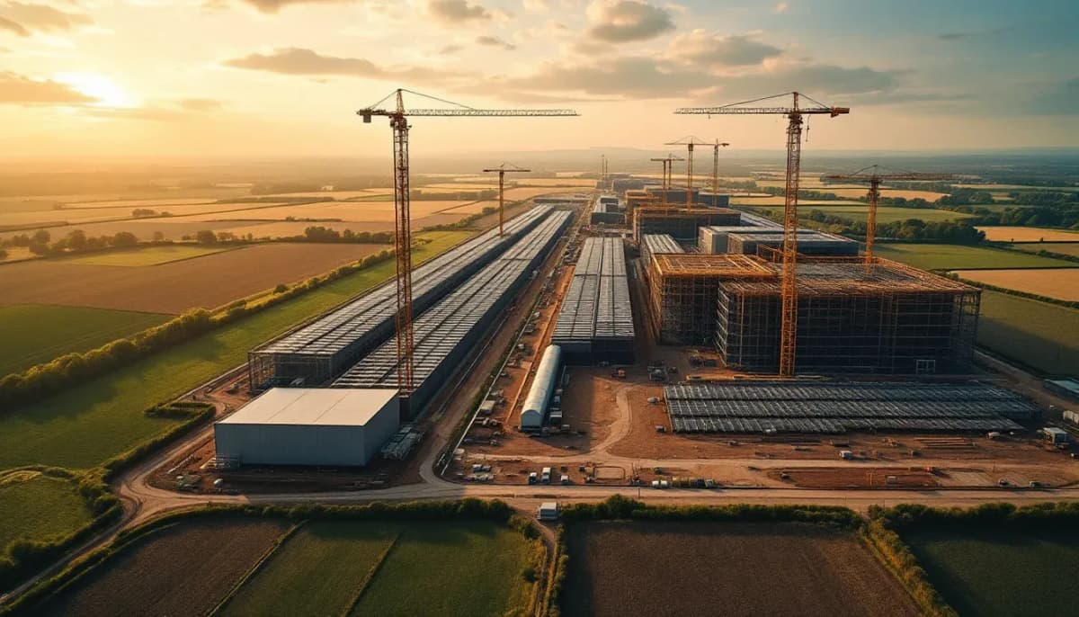 Large data centre campus under construction on farmland