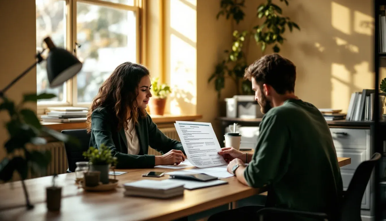 Two staff at an Australian not-for-profit reviewing a grant application on a wooden desk in soft daylight