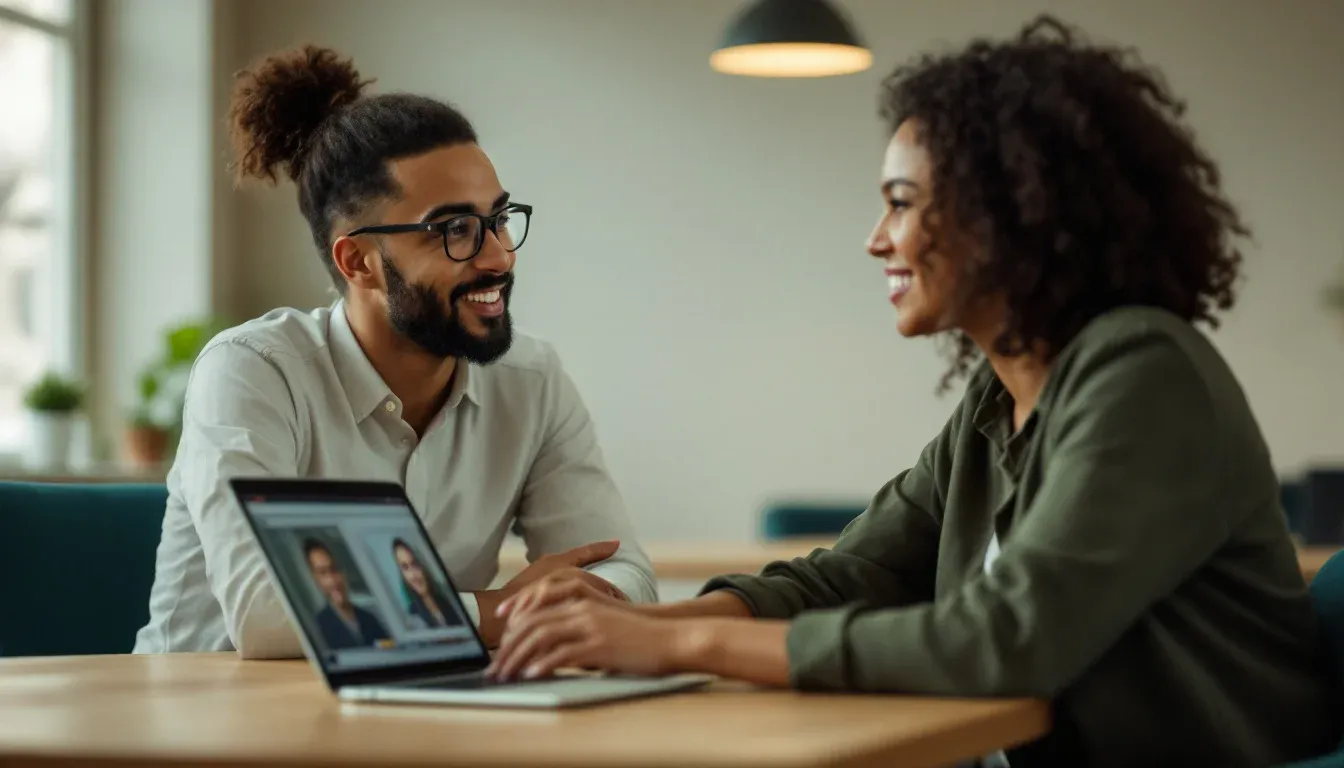 Two colleagues in a Sydney office holding a multilingual conversation with live translation captions on a laptop screen