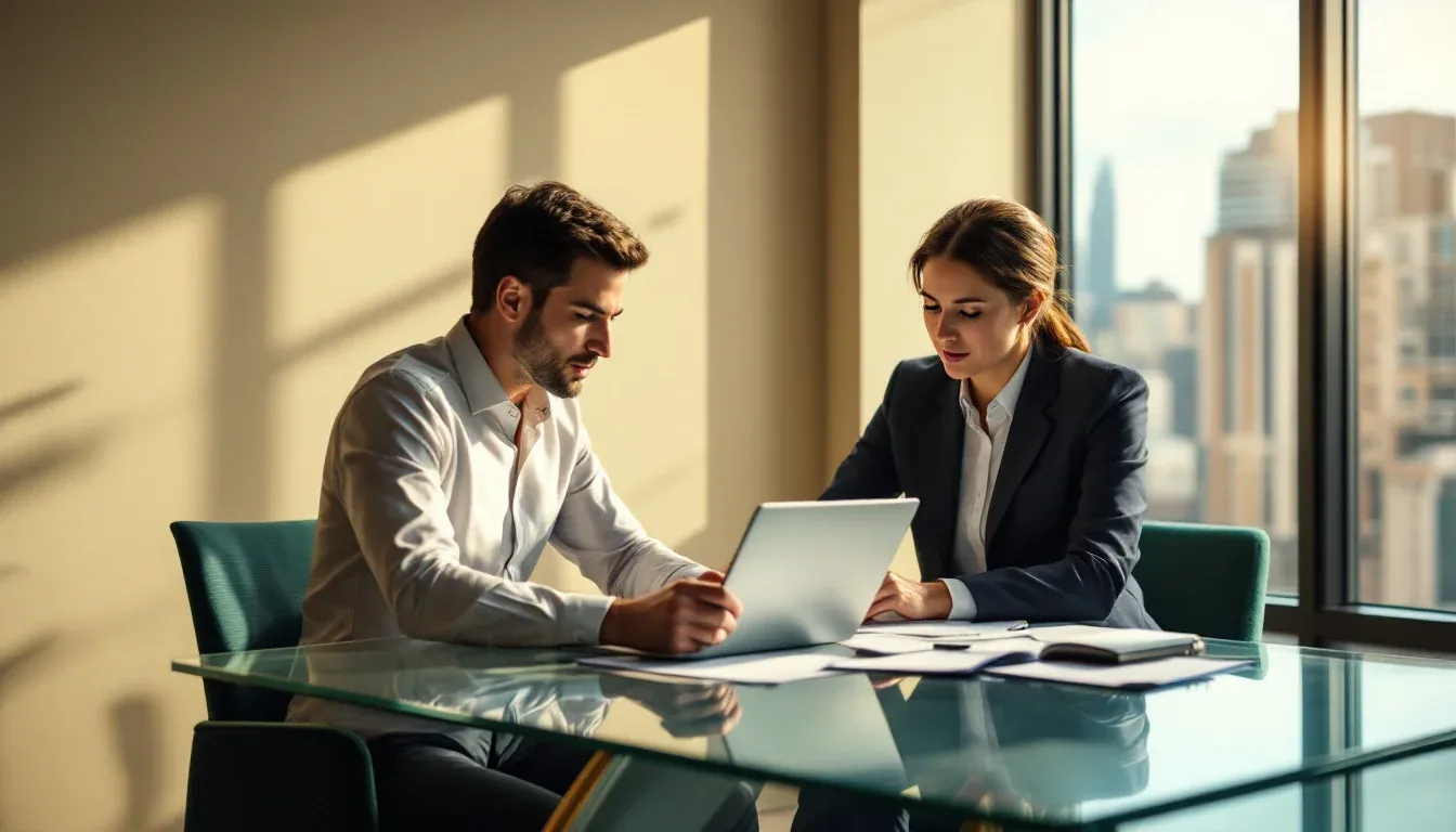 Two consultants reviewing Claude partner selection documents in a Sydney office
