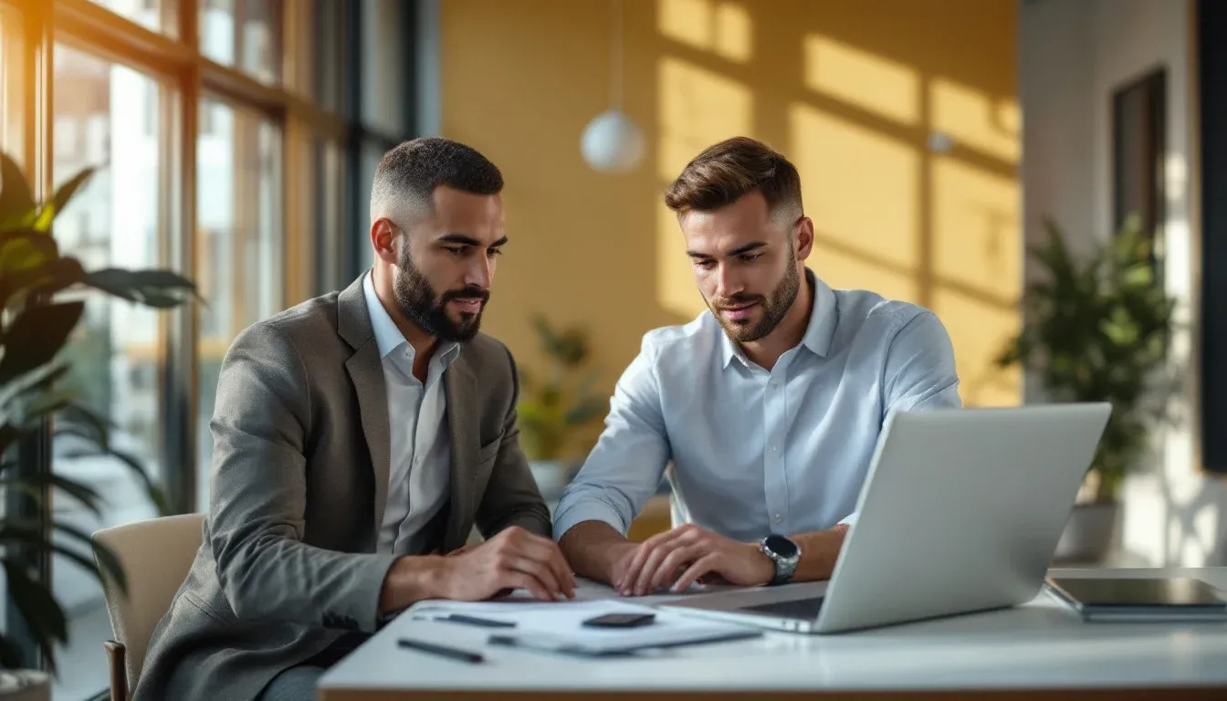 Two professionals comparing AI work platforms on laptops in a modern office