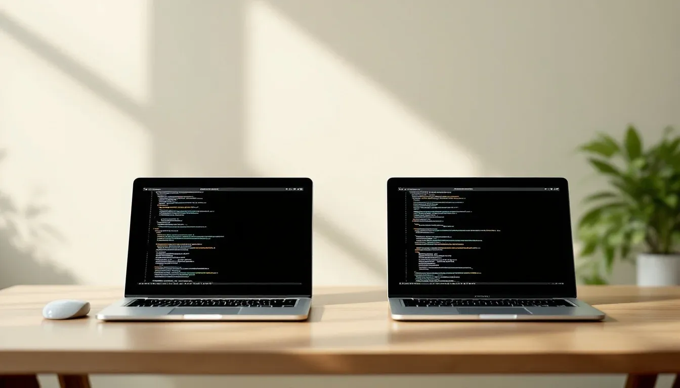 Two laptops side by side showing code, representing competing AI coding tools