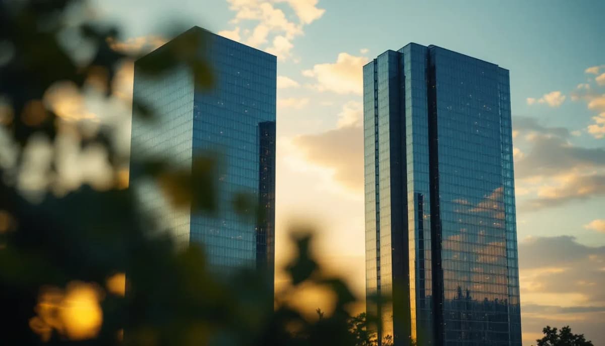Two corporate towers at dawn, representing two AI labs heading toward public markets
