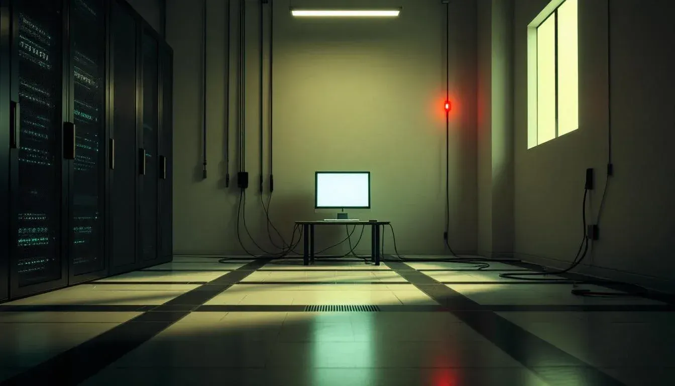 Empty server room at night with a single glowing workstation and a red LED blinking on a server rack