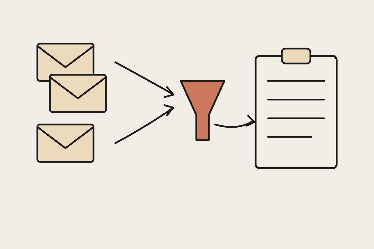 Event enquiry envelopes sorted through a funnel into a venue run sheet