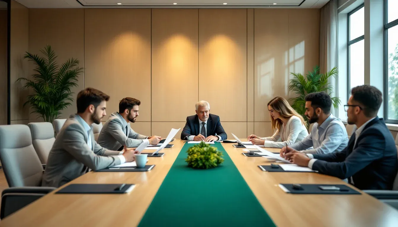 Executives reviewing documents in a boardroom