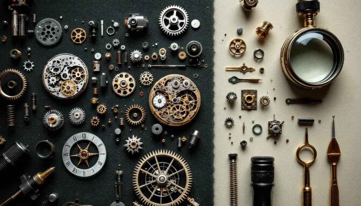 Exploded pocket watch movement with gears and springs arranged on dark felt beside a watchmaker's loupe
