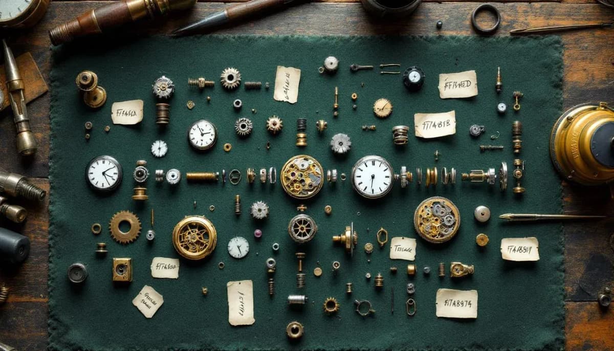 Pocket watch components arranged in sequence on green felt with handwritten paper labels