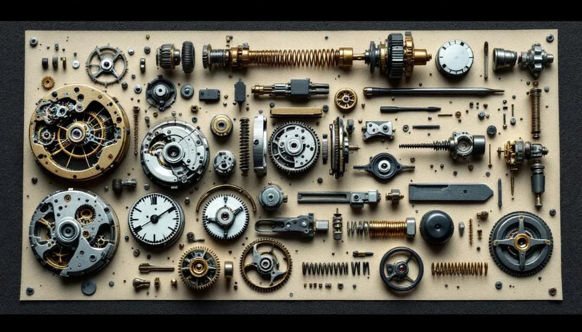 Disassembled watch movement with components arranged by size on a dark felt surface
