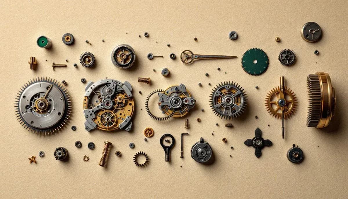 Disassembled watch movement with balance wheel, mainspring, and gear components arranged on green felt