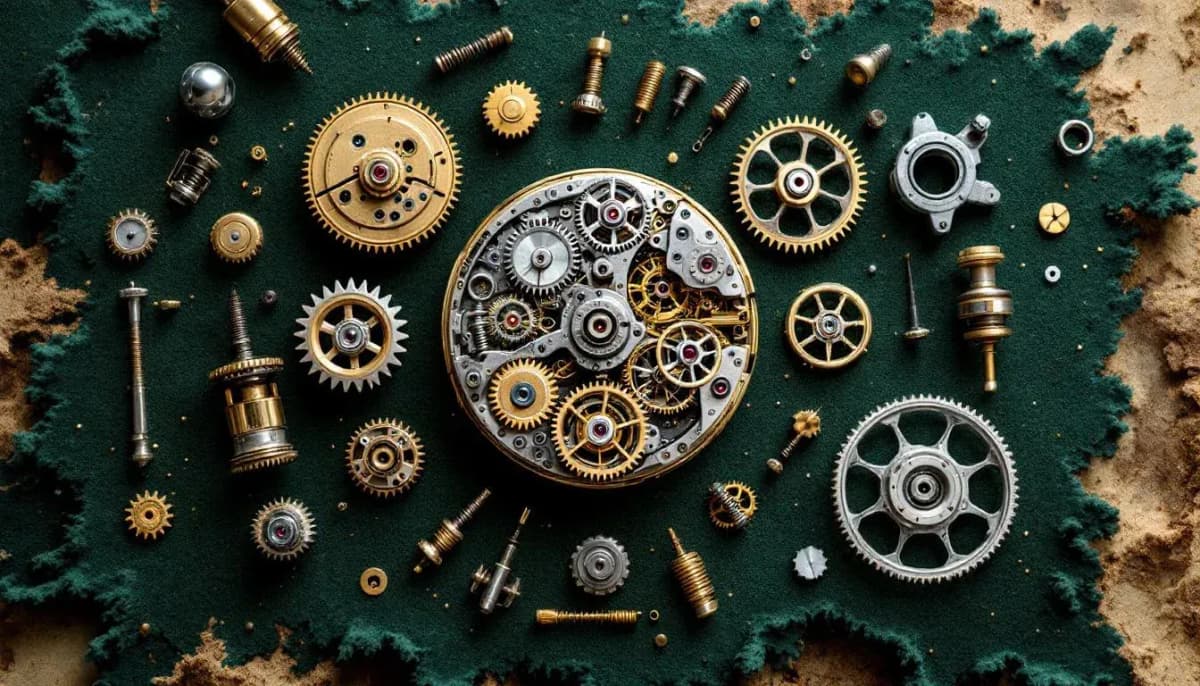 Dismantled watch components arranged in sequence on a dark felt mat, showing brass gears, springs, and jewel bearings