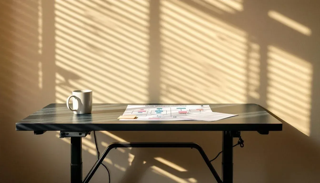 A standing desk in a Melbourne co-working space with a printed architecture diagram and a coffee mug