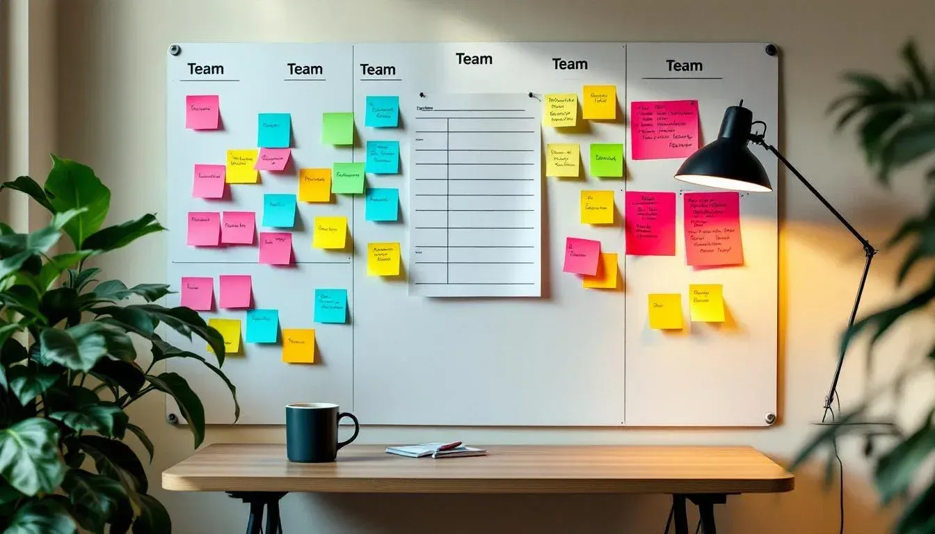 A planning wall in a Sydney office covered in colour-coded sticky notes grouped by team name, with a printed document pinned at the centre