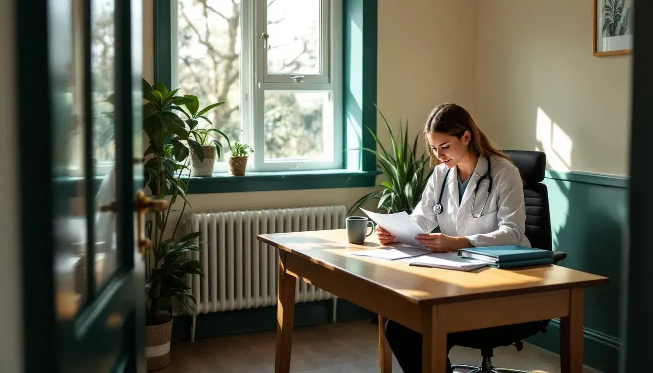 A specialist clinic consulting room with printed referral letters and an open binder on a timber desk