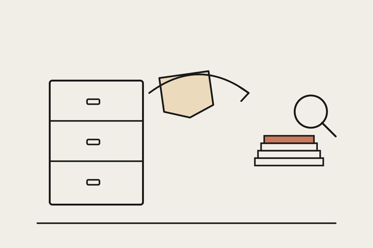 Filing cabinet feeding documents into a reviewed, terracotta-highlighted stack