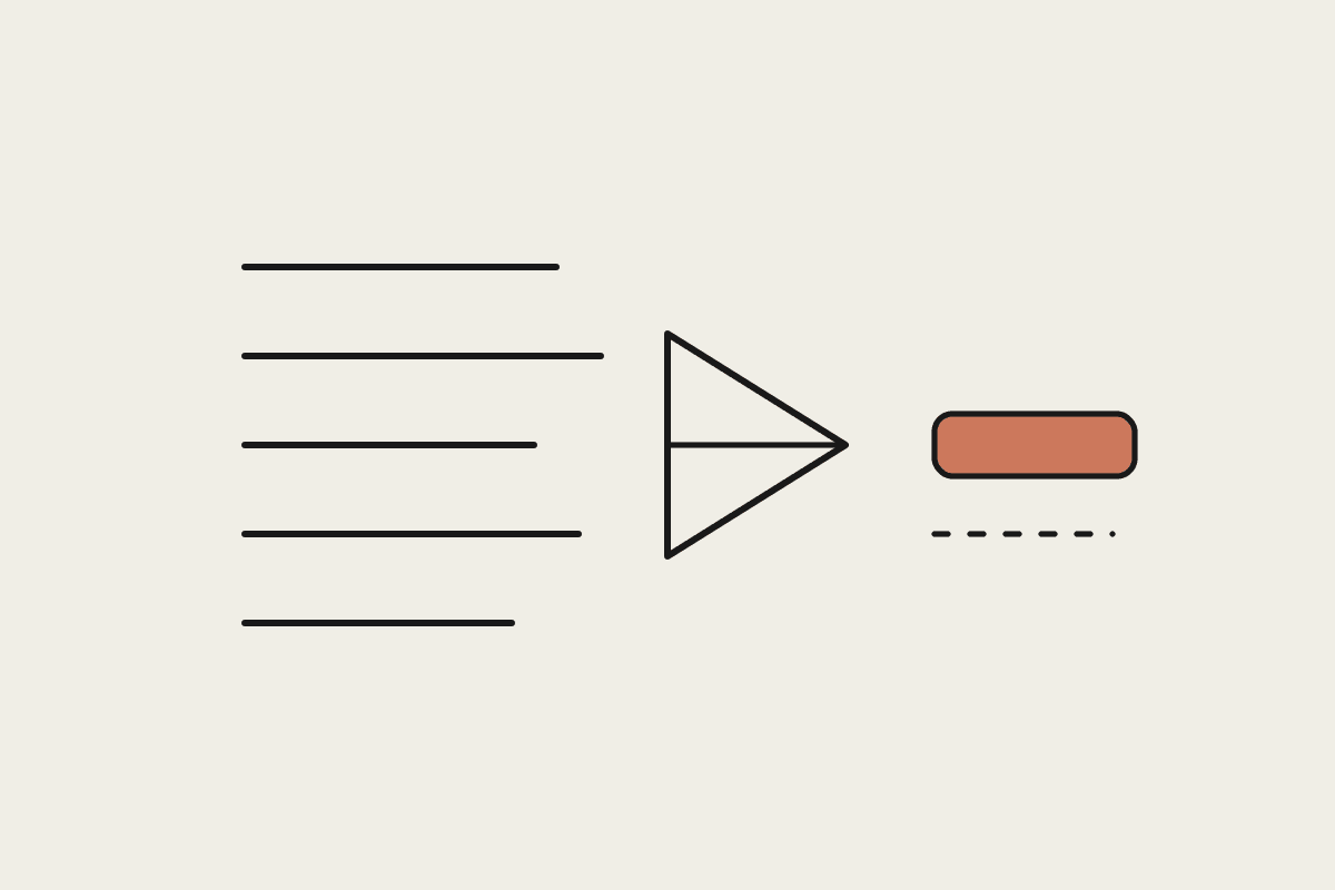 Five long lines of text passing through a funnel and emerging as one short highlighted block