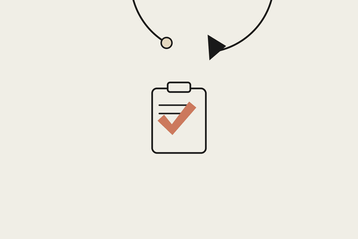 Flat line illustration of a circular verification loop with a checklist clipboard and terracotta checkmark in the centre.