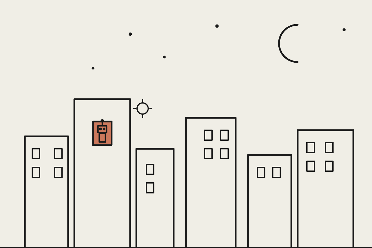 Flat line illustration of a city skyline at night with one terracotta-lit window showing a small robot working at a desk under a crescent moon