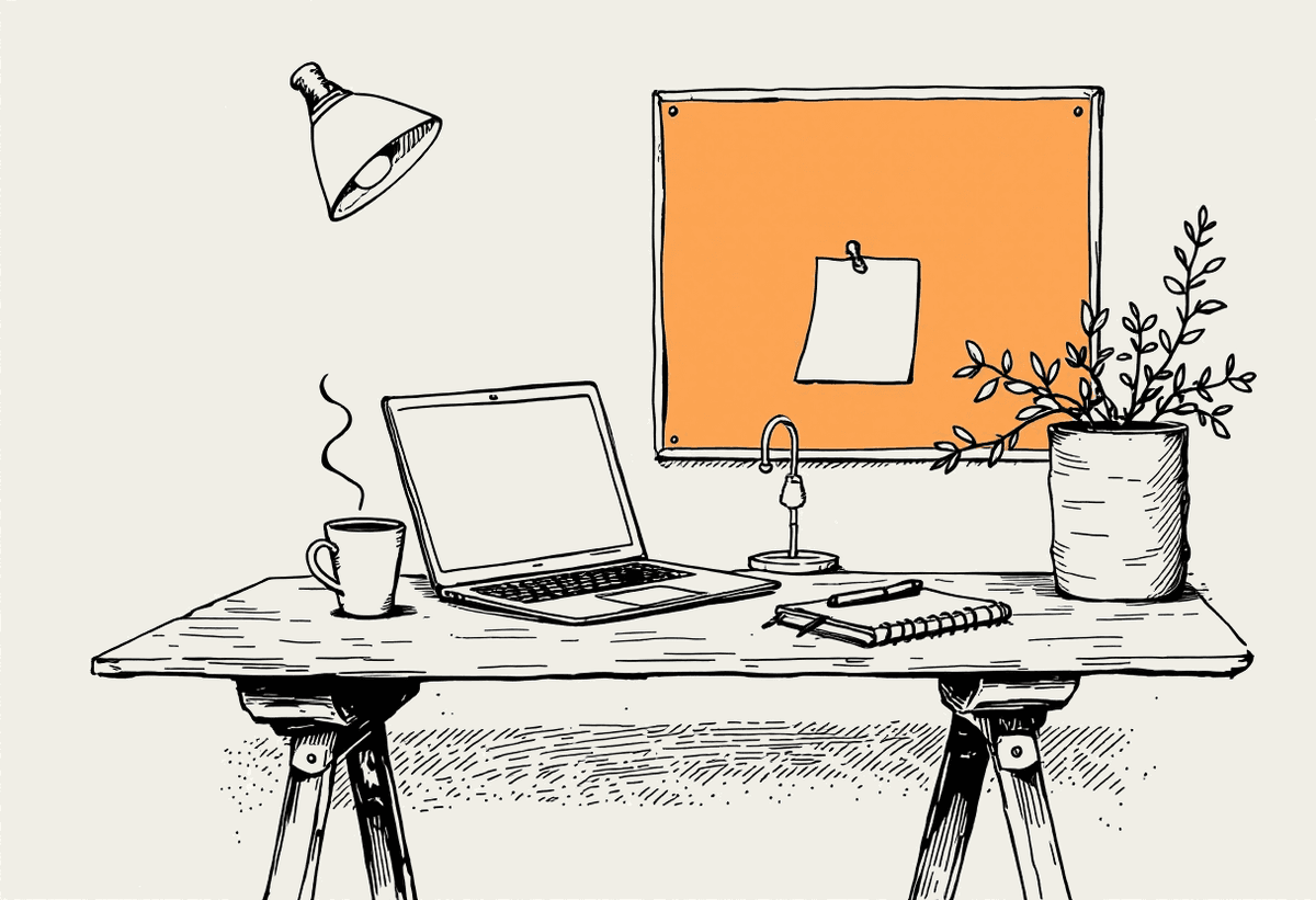 Hand-drawn illustration of a tidy morning desk with a laptop, coffee mug and notebook
