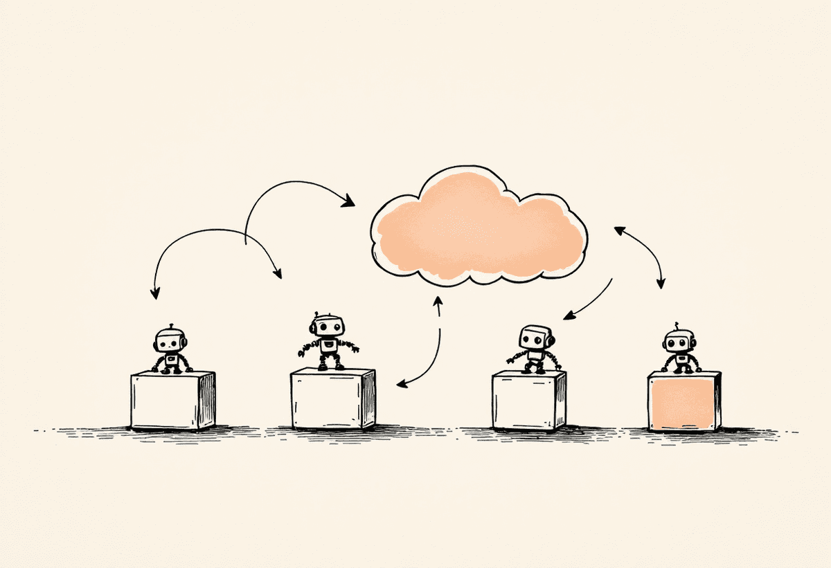 Hand-drawn diagram of four agent sandboxes connecting to a central managed hosting cloud